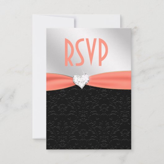 Peach Black Floral Damask Diamond Herz UAWG RSVP Karte (Vorderseite)