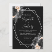 Peach Black Floral Silver Frame QR Code Wedding Einladung (Vorderseite)