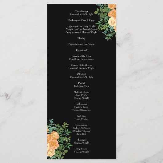 Peach Black Peony Rose Hochzeitsprogramme Menükarte (Rückseite)