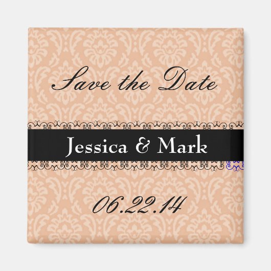 Peach & Black Rett Date Damask Wedding Magnet (Vorne)