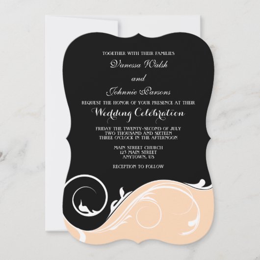 Peach Black Swirl Bracket Wedites Einladung (Vorderseite)