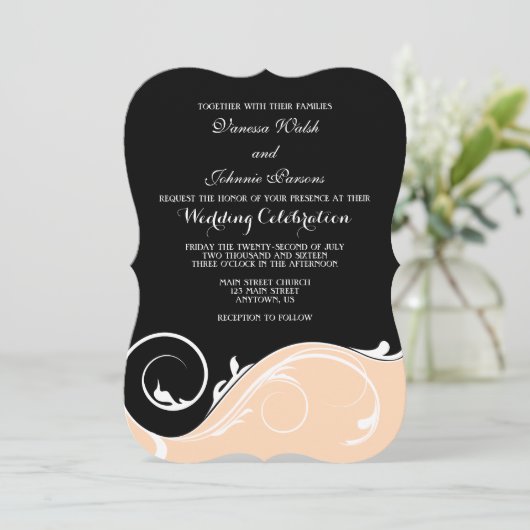 Peach Black Swirl Bracket Wedites Einladung (Stehend Vorderseite)