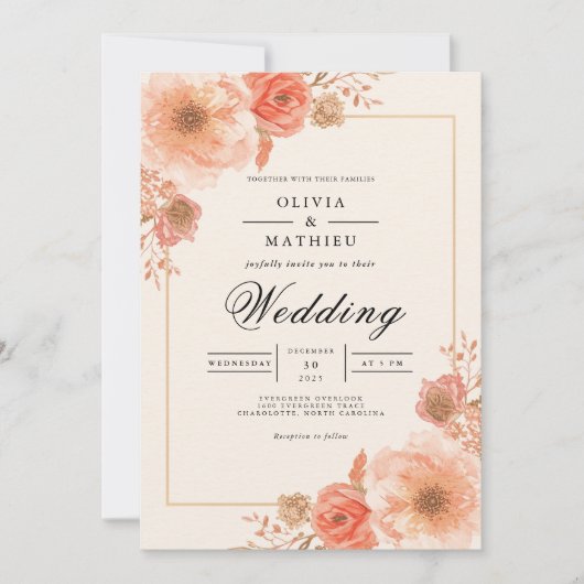 Peach Blossom Border Wedding Einladung (Vorderseite)