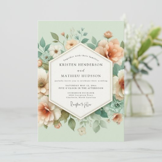 Peach Blossom Meadow Wedding Einladung (Stehend Vorderseite)