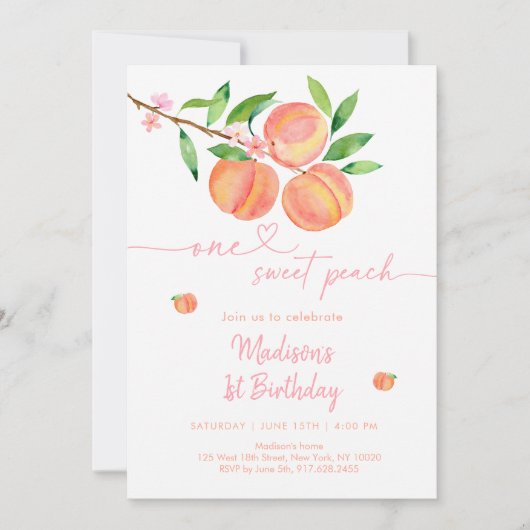Peach Blossom One Sweet Peach Birthday Einladung (Vorderseite)