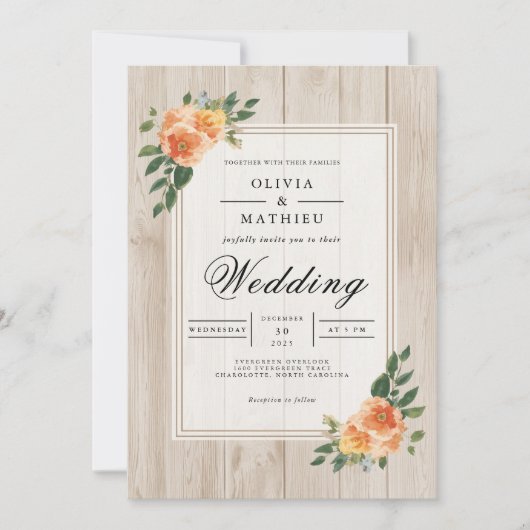Peach Blossom Rustic Wood Wedding Einladung (Vorderseite)
