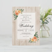 Peach Blossom Rustic Wood Wedding Einladung (Stehend Vorderseite)
