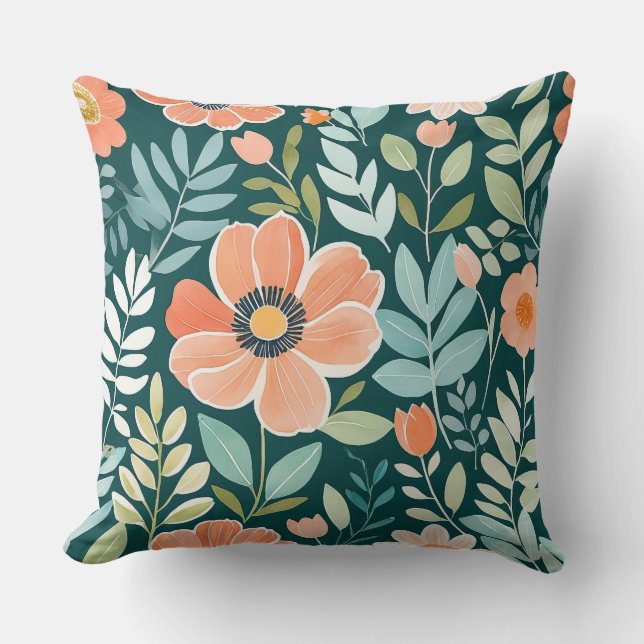 Peach, Blue and Green Boho Whimsical Floral Kissen (Vorderseite)