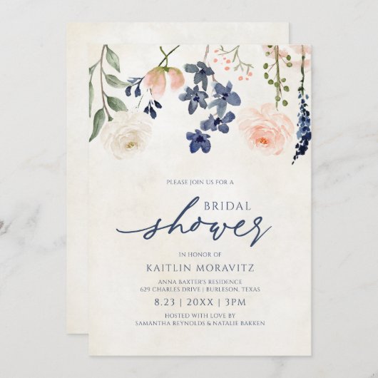 Peach & Blue Brautparty Botanisches Vintag Einladung (Vorne/Hinten)