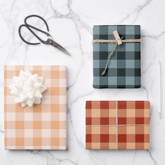 Peach Blue Brown Checkered Gingham Pattern Geschenkpapier Set (Vorderseite)