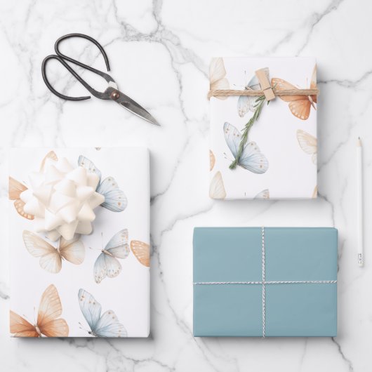 Peach Blue Butterflies Baby Shower Geschenkpapier Set (Vorderseite)