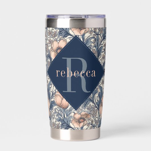 Peach Blue Floral William Morris Elegant Monogram Thermobecher (Vorderseite)