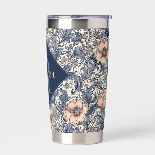 Peach Blue Floral William Morris Elegant Monogram Thermobecher (Links)