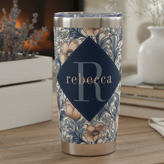 Peach Blue Floral William Morris Elegant Monogram Thermobecher