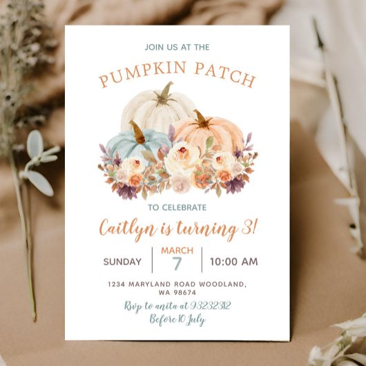Peach & Blue Mint Pumpkin Patch 3. Geburtstag Einladung