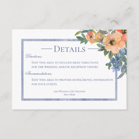 Peach & Blue Watercolor Blumendetails Begleitkarte (Vorderseite)