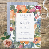 Peach & Blue Watercolor Blumenrahmen Hochzeit Einladung