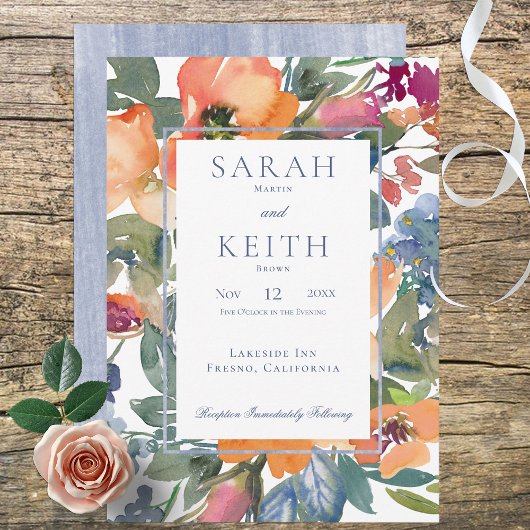 Peach & Blue Watercolor Blumenrahmen Hochzeit Einladung
