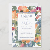 Peach & Blue Watercolor Blumenrahmen Hochzeit Einladung (Vorderseite)