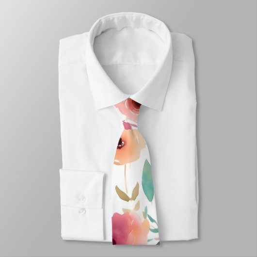 Peach & Blue Watercolor Floral Necktie Krawatte (Gebunden)