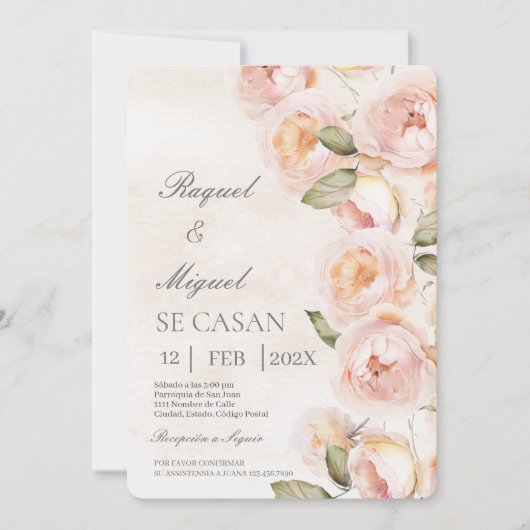 Peach Blume beige Spanish Wedding Einladung (Vorderseite)