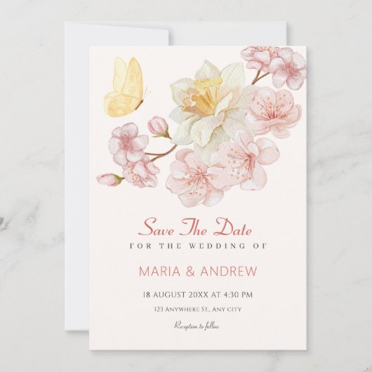 Peach Blume blühen Hochzeit Save The Date (Vorderseite)