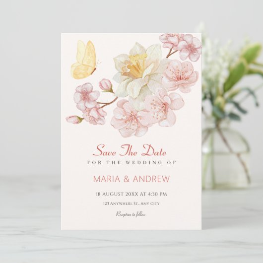 Peach Blume blühen Hochzeit Save The Date (Stehend Vorderseite)