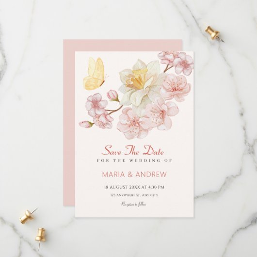 Peach Blume blühen Hochzeit Save The Date (Vorderseite/Rückseite Beispiel)