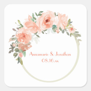 Peach Blume Circle Frame Wedding Quadratischer Aufkleber