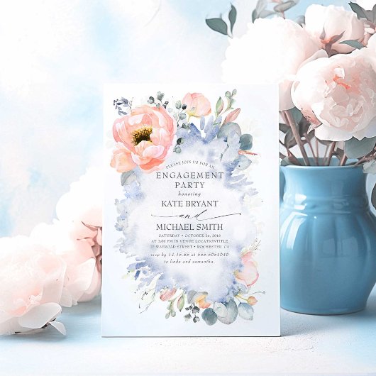 Peach Blume Dusty Blue Elegante Engagement Party Einladung