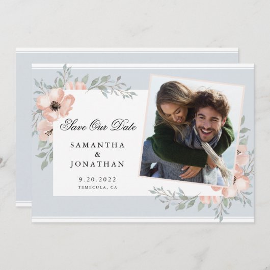 Peach Blume Dusty Blue Foto Save The Date (Vorne/Hinten)