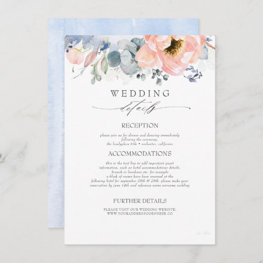 Peach Blume Dusty Blue Hochzeitsinformationen Begleitkarte (Vorne/Hinten)