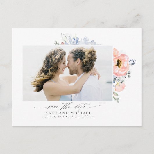 Peach Blume Dusty Blue Save the Date Foto Ankündigungspostkarte (Vorderseite)