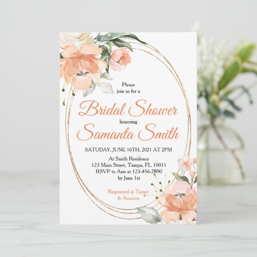 Peach Blume Einladung Brautdusche (Stehend Vorderseite)