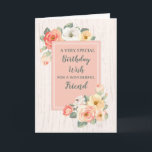 Peach Blume Friend Geburtstagskarte Karte<br><div class="desc">Hübsche und nachdenkliche Begrüßungskarte zum Geburtstag Ihres Freundes mit pfirsichrosa und weiße Frühlingsblumen,  rustikalem Holzmuster und handgeschriebenem Stiltext.</div>