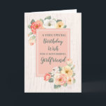 Peach Blume Girlfriend Geburtstagskarte Karte<br><div class="desc">Hübsche und nachdenkliche Begrüßungskarte für den Geburtstag Ihrer Freundin mit pfirsichrosa und weiße Frühlingsblumen,  rustikalem Holzmuster und handgeschriebenem Stiltext.</div>