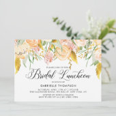 Peach Blume Gold Blätter Bridal Luncheon Einladung (Stehend Vorderseite)