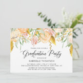 Peach Blume & Gold Blätter Graduierungsparty Einladung (Stehend Vorderseite)