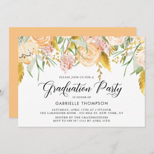 Peach Blume & Gold Blätter Graduierungsparty Einladung (Vorne/Hinten)