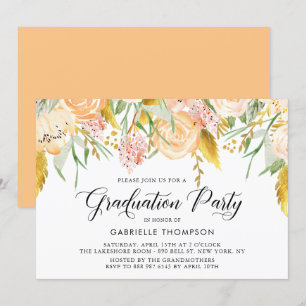 Peach Blume & Gold Blätter Graduierungsparty Einladung