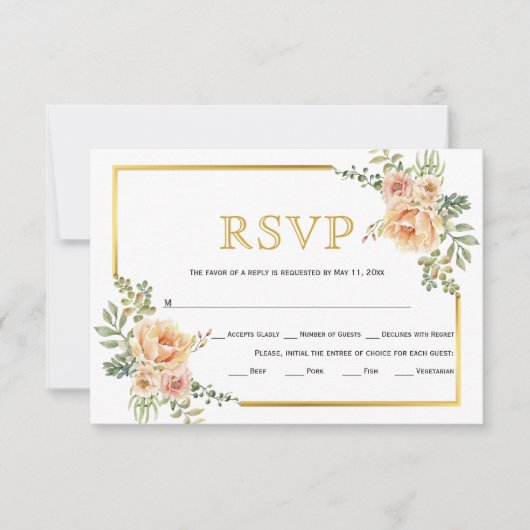 Peach Blume, Goldrahmen Hochzeit RSVP Karte (Vorderseite)