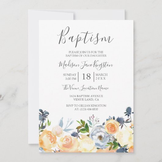 Peach Blume Hübsch Spring Girl oder Boy Baptisse Einladung (Vorderseite)