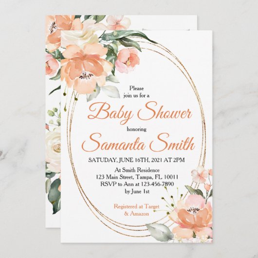 Peach Blume Kinderdusche Einladung (Vorne/Hinten)