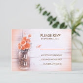 Peach Blume Mason jar Hochzeit RSVP Karten (Stehend Vorderseite)