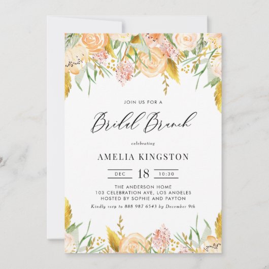 Peach Blume und Gold Blätter Bridal Brunch Einladung (Vorderseite)