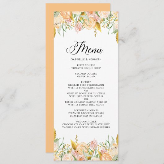 Peach Blume with Gold Foil Foliage Menu Card II Menükarte (Vorne/Hinten)