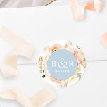 Peach Blush and Blue Wedding Envelope / Gefallen Runder Aufkleber<br><div class="desc">Eleganter mit Monogramm Hochzeitsaufkleber oder Gaumen-Aufkleber mit herrlichen Aquarelltönen in einer schönen Mischung aus Pfirsich, Orange, Rosa, Rosa, Creme und Champagner. Mitte in staubblau mit Initialen und zweiter Textzeile in weiß. Zwei Größen und mehrere Formoptionen zur Auswahl. Die untere Textzeile kann für das Veranstaltungsdatum, das Löschen oder für den Fall...</div>