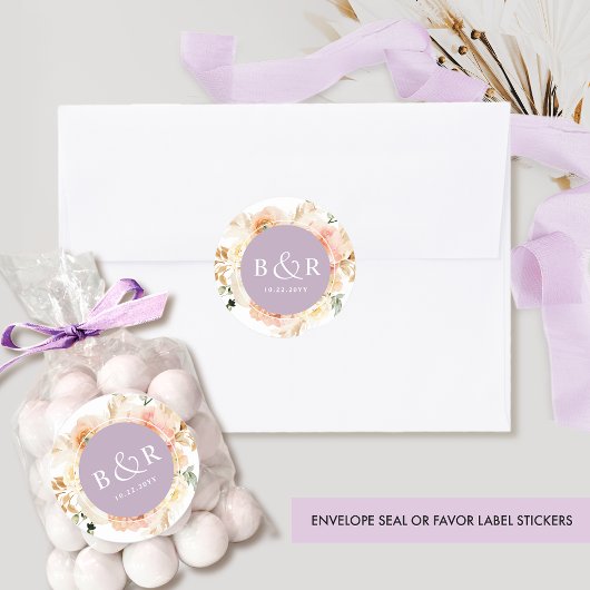Peach Blush and Lavender Wedding Envelope / Gefall Runder Aufkleber