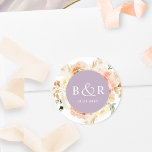 Peach Blush and Lavender Wedding Envelope / Gefall Runder Aufkleber<br><div class="desc">Eleganter mit Monogramm Hochzeitsaufkleber oder Gaumen-Aufkleber mit herrlichen Aquarelltönen in einer schönen Mischung aus Pfirsich, Orange, Rosa, Rosa, Creme und Champagner. Mitte in Lavendel lila mit Initialen und zweite Textzeile in Weiß. Zwei Größen und mehrere Formoptionen zur Auswahl. Die untere Textzeile kann für das Veranstaltungsdatum, das Löschen oder für den...</div>