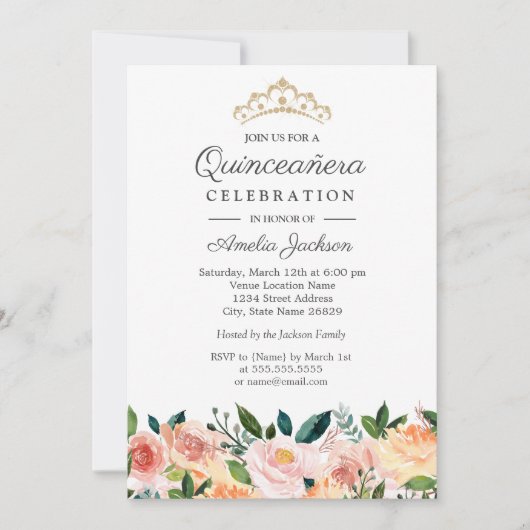 Peach Blush Aquarellfarben Quinceanera Einladung (Vorderseite)